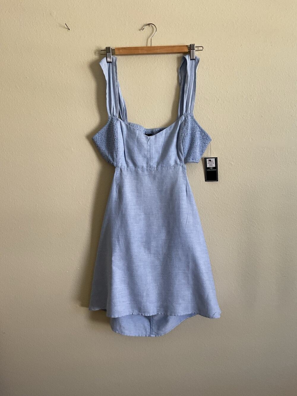 Volcom Cote de Lune Chambray Mini Dress Smocked Back Cutout 100% Cotton NWT SZ M